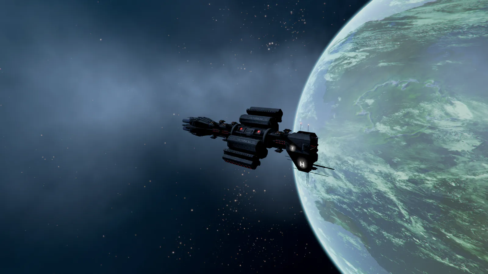 An Omega-class destroyer in X4: Foundations, against a planet