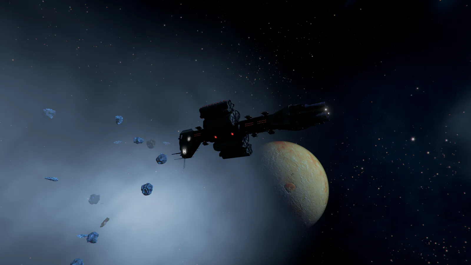 An Omega-class destroyer passing a moon through an asteroid field