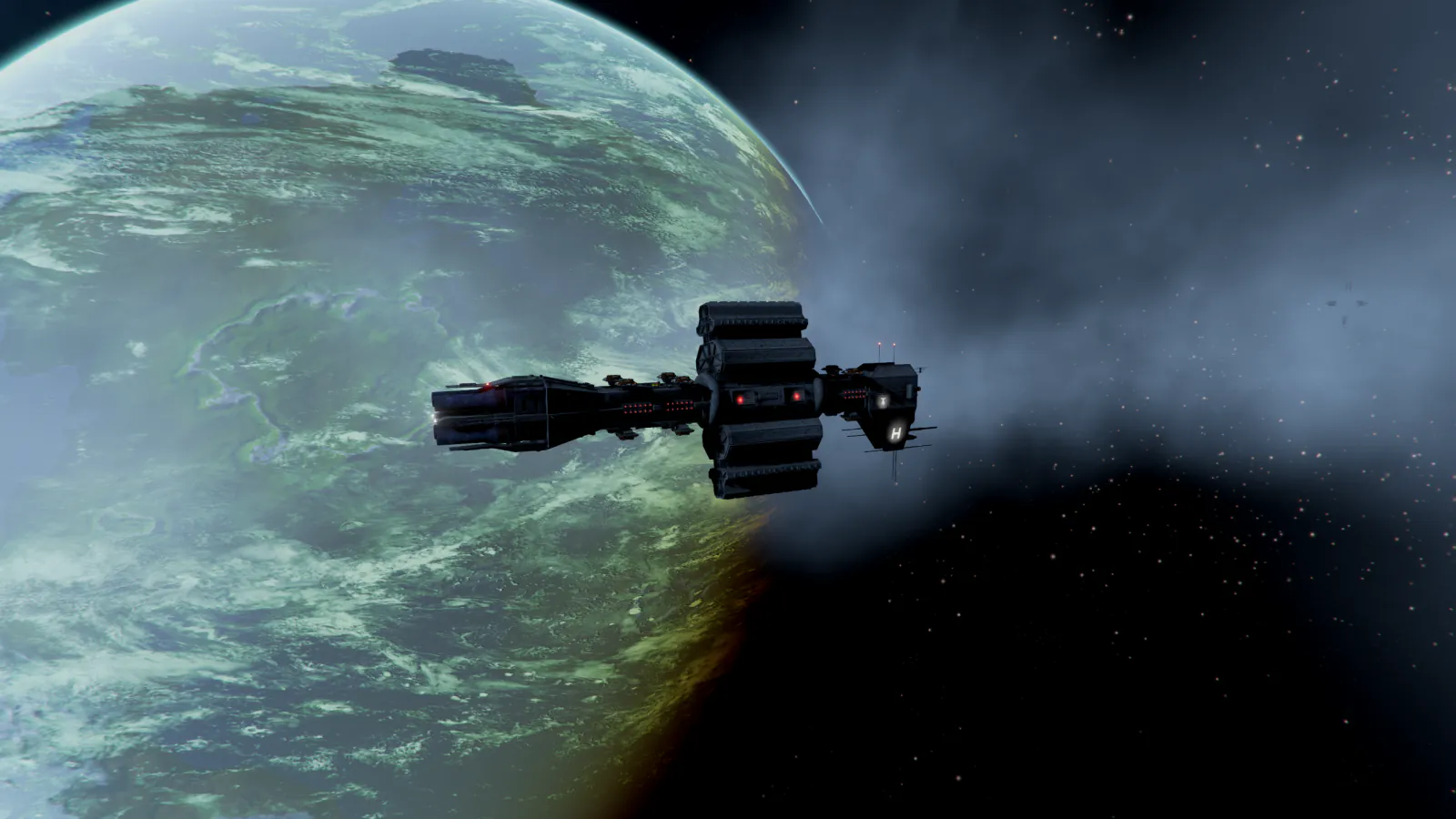 An Omega-class destroyer seen side on above a planet