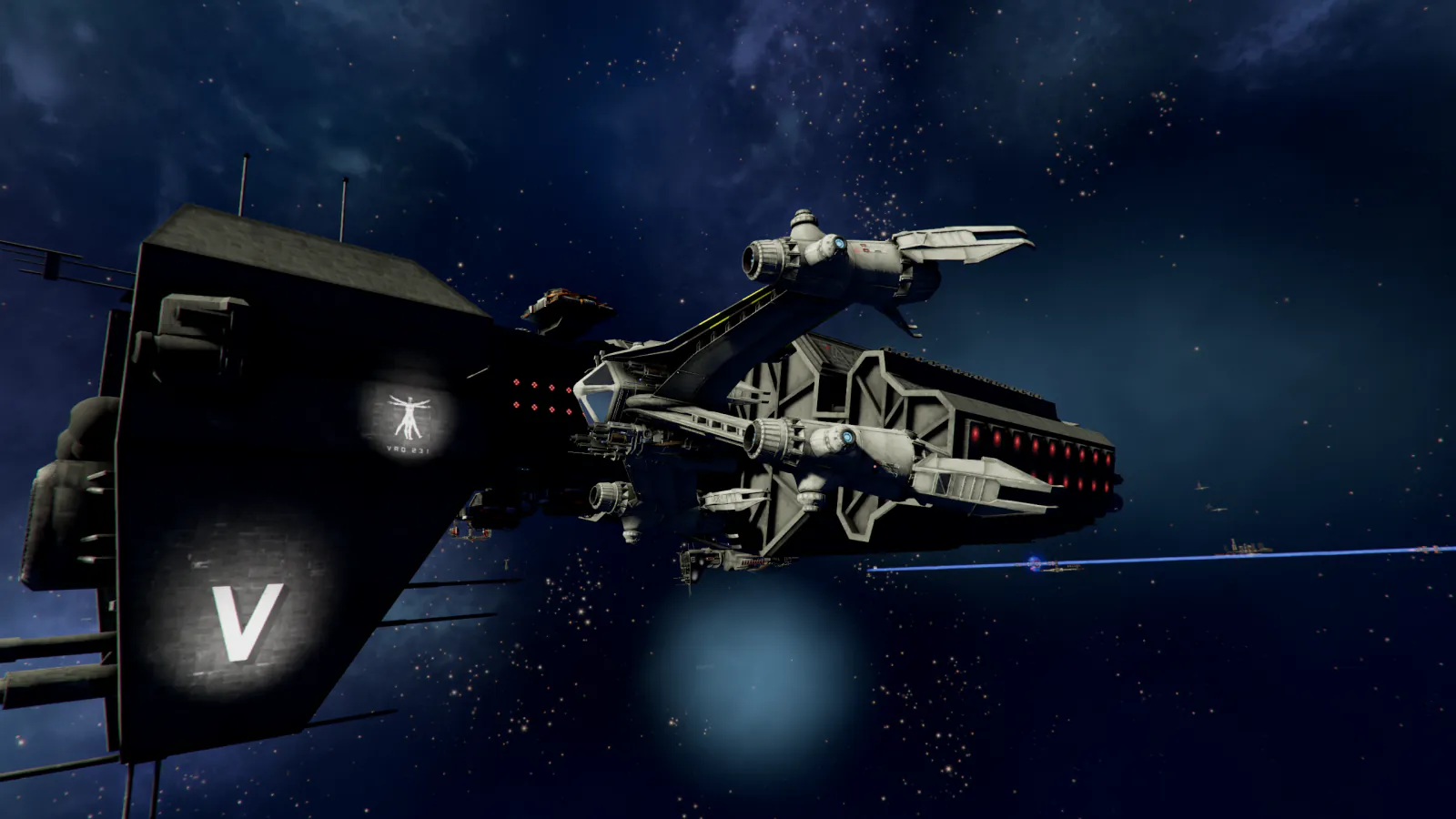 A Starfury up close against the hull of an Omega-class destroyer, with a large V marked on the dark plating at left