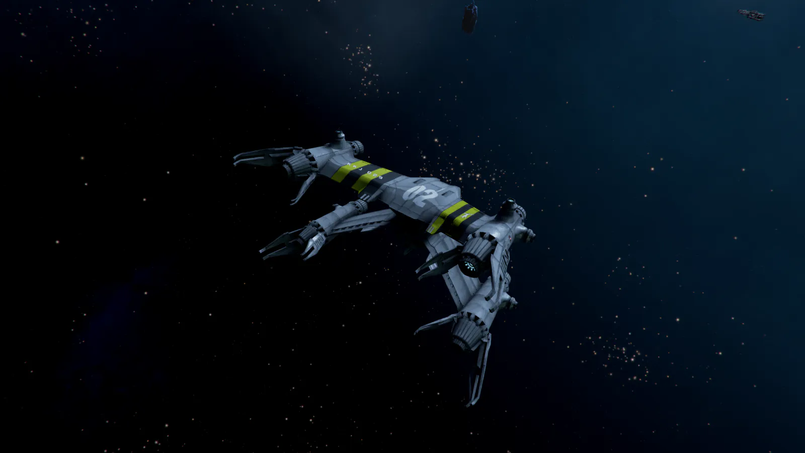 A Starfury seen from above, deep in space