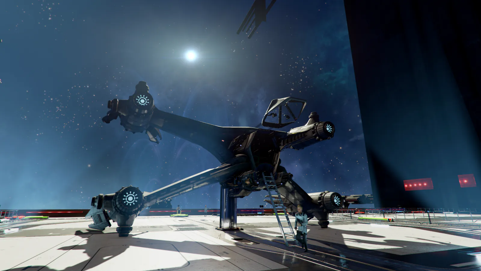 A Starfury on a landing pad under the stars, canopy open, with a pilot at the foot of its ladder