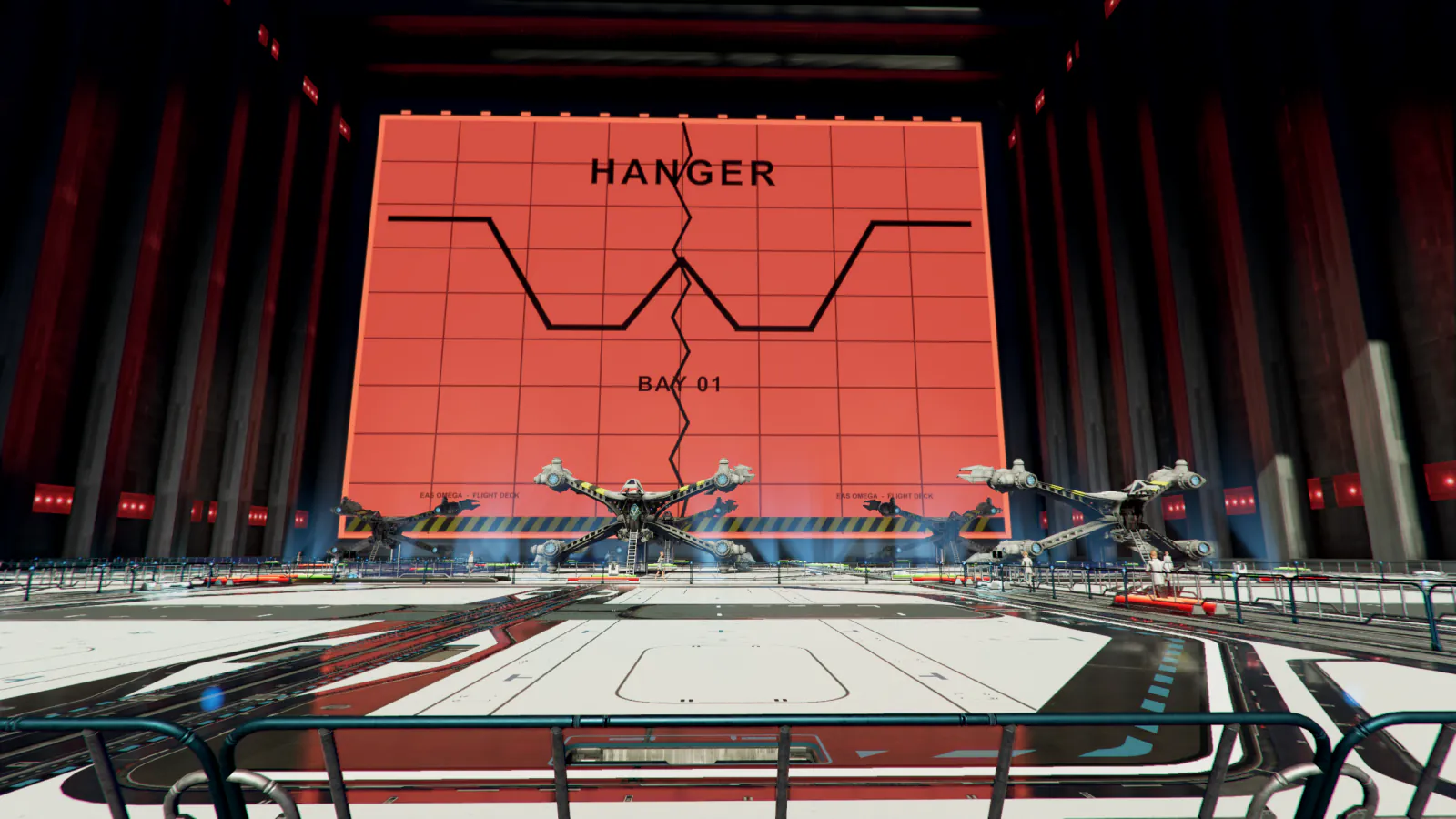 Four Starfuries on their stands in a hangar bay, with crew on the deck below a huge red wall marked Bay 01
